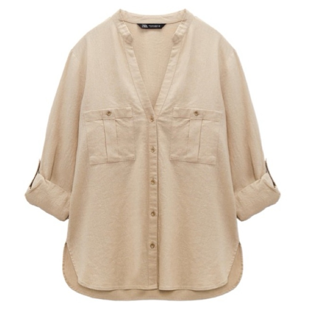 Beige Linen Button-Up Blouse